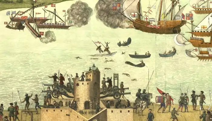 A naval battle close to land with opposing fleets on either side with tops of two masts protruding from the water, indicating the sunken Mary Rose
