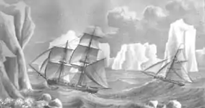 Stylised drawing of two sailing ships caught in rough seas, surrounded by towereing icebergs.