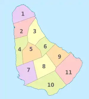 Barbados, administrative divisions - Nmbrs - colored.svg