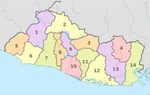 El Salvador, administrative divisions - Nmbrs - colored.svg