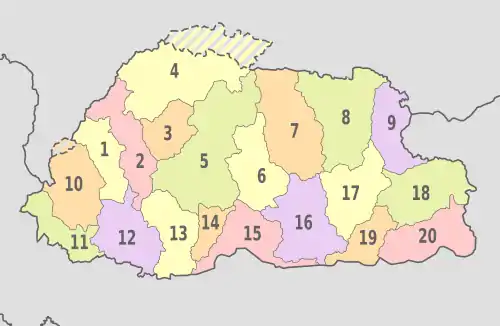 Bhutan (claims hatched), administrative divisions - Nmbrs - colored.svg