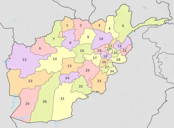 Afghanistan, administrative divisions - Nmbrs - colored.svg