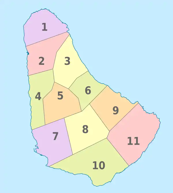 Barbados, administrative divisions - Nmbrs - colored.svg