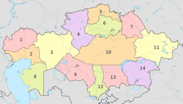 Kazakhstan, administrative divisions - Nmbrs - colored.svg