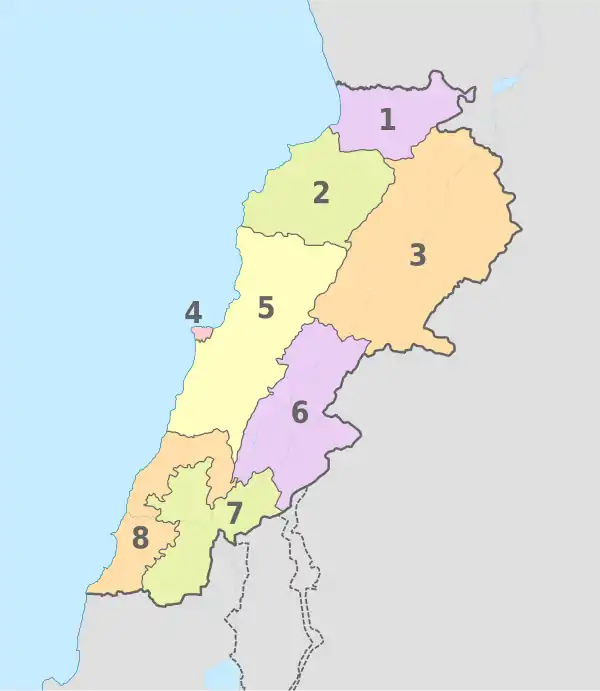 Lebanon, administrative divisions - Nmbrs - colored.svg