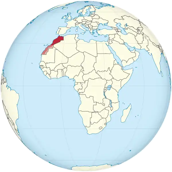 Morocco on the globe (claimed + de-facto hatched) (Africa centered).svg
