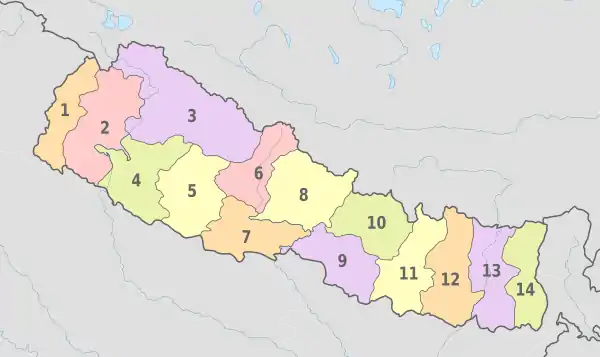 Nepal, administrative divisions - Nmbrs - colored.svg