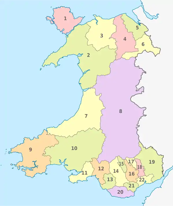Wales, administrative divisions - Nmbrs - colored.svg